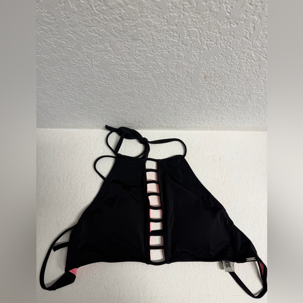 Victoria's Secret Black and Pink High Neck longline Strappy Bikini Top  M